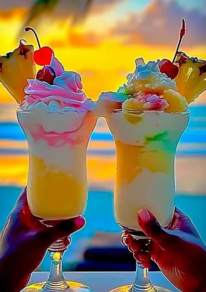 Delicious Rainbow Sherbet Piña Colada in a tropical glass with a colorful garnish.