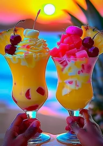 Colorful Rainbow Sherbet Piña Colada drink in a tropical setting