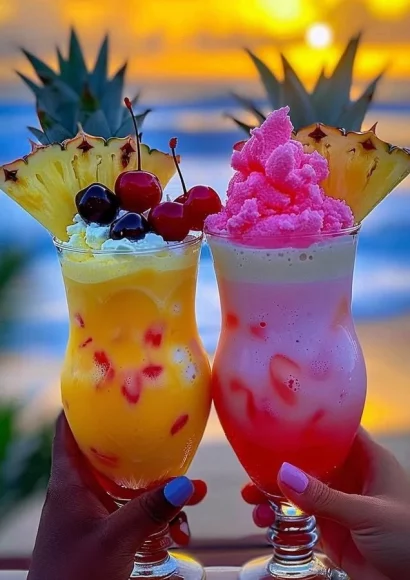 Colorful Rainbow Sherbet Piña Colada beverage in a tropical setting