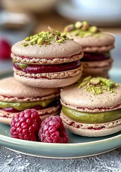 Delicious raspberry pistachio macarons arranged on a decorative plate