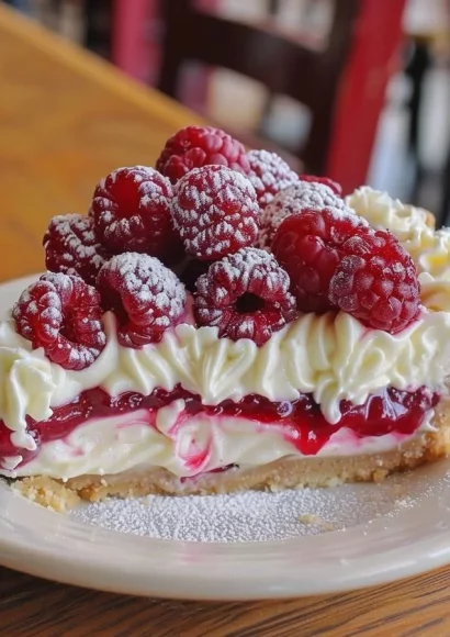Delicious raspberry cheesecake pie topped with fresh raspberries.