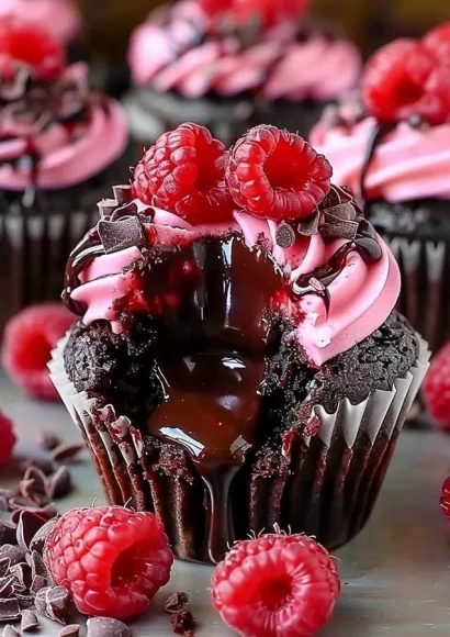 Delicious Raspberry Chocolate Lava Cupcakes with warm molten centers and fresh raspberries