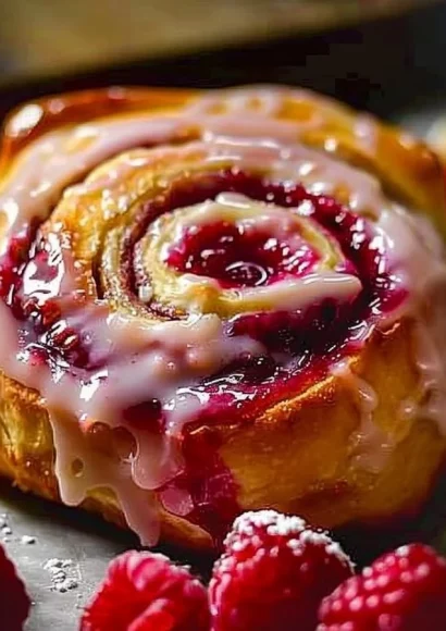 Delicious Raspberry Cinnamon Rolls topped with frosting on a plate