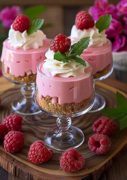 Delicious slice of Raspberry Mousse Cheesecake topped with fresh raspberries