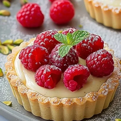 Raspberry Pistachio Cream Tarts with raspberry drizzle on a plate