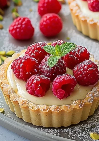 Raspberry Pistachio Cream Tarts with raspberry drizzle on a plate