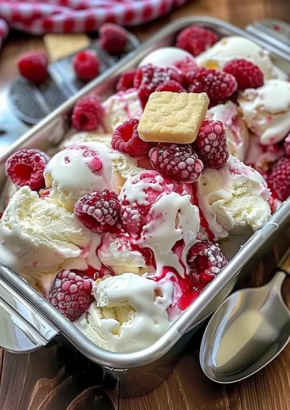Delicious Raspberry Shortcake Ice Cream with fresh raspberries and cake pieces.