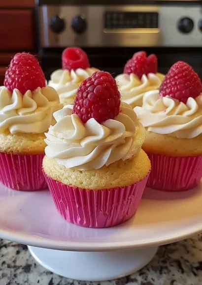 Delicious raspberry vanilla cupcakes topped with frosting and fresh raspberries