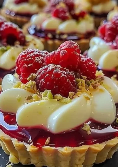 Delicious raspberry white chocolate tartlets on a decorative plate