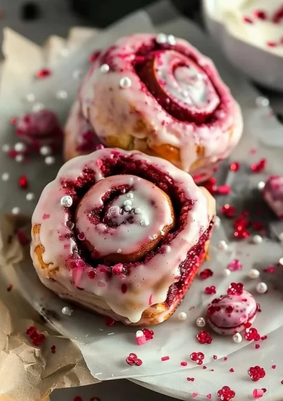 Delicious red velvet cinnamon rolls topped with cream cheese frosting for Valentine's Day.