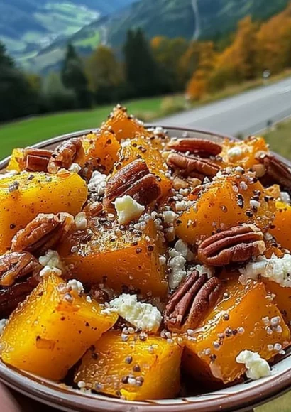 A delicious plate of roasted butternut squash topped with feta and brown sugar.