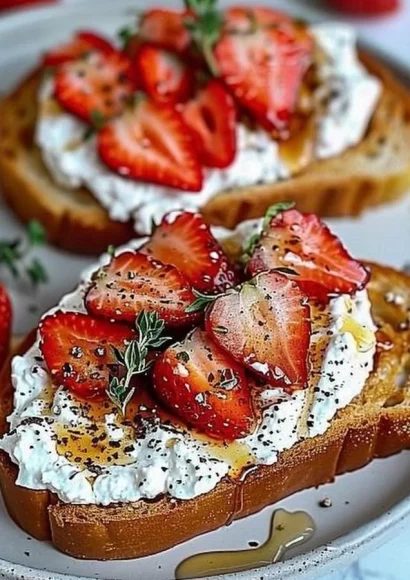 Delicious roasted strawberry whipped ricotta toast on a rustic plate