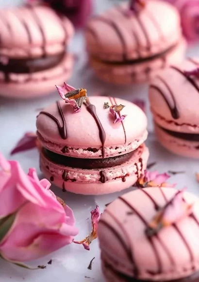 Rose-flavored dark chocolate macarons elegantly arranged on a dessert plate