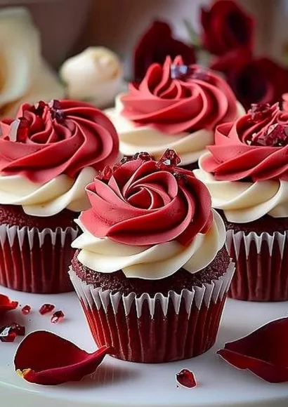 Rose red velvet cupcakes topped with cream cheese frosting and decorative roses