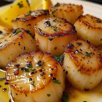 Seared scallops served in lemon garlic butter sauce on a plate