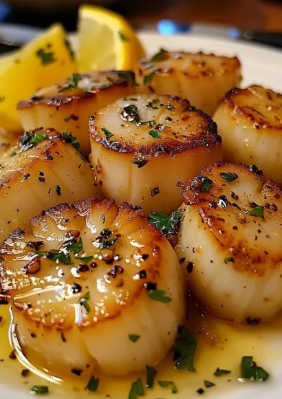Seared scallops served in lemon garlic butter sauce on a plate