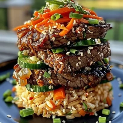 Delicious Sesame Ginger Beef Rice Stack with vibrant vegetables and sesame seeds.