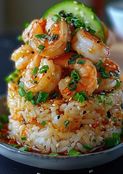 Sesame Soy Shrimp Rice Stack with vibrant vegetables and shrimp