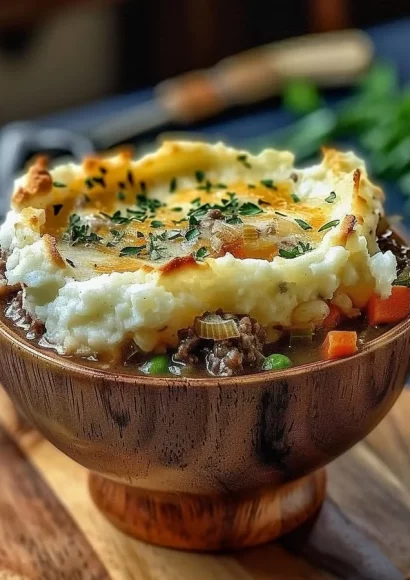 Bowl of Shepherd's Pie Soup with vegetables and meat, garnished for serving.