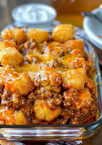 Sloppy Joe Tater Tot Casserole topped with crispy tater tots