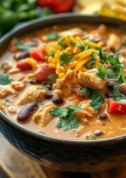 Bowl of Slow Cooker Cream Cheese Crack Chicken Chili topped with green onions