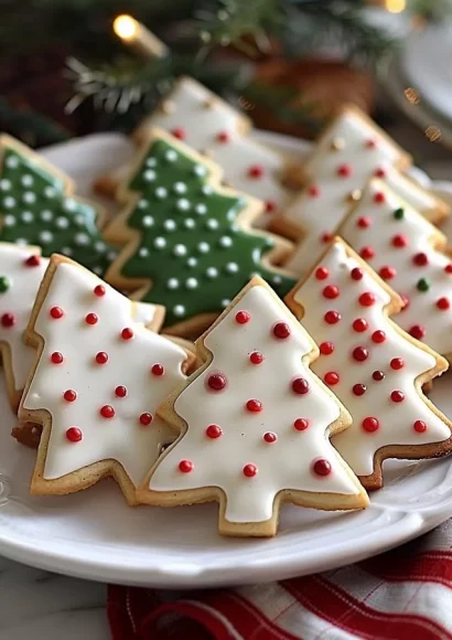 A tray of sour cream cut-out Christmas cookies decorated with icing and sprinkles.
