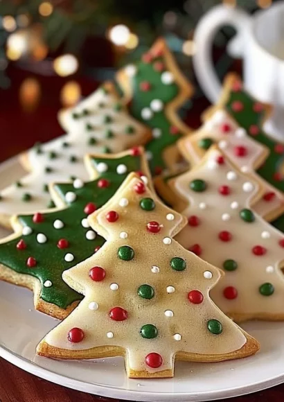 Freshly baked sour cream cut-out Christmas cookies decorated with icing and sprinkles.