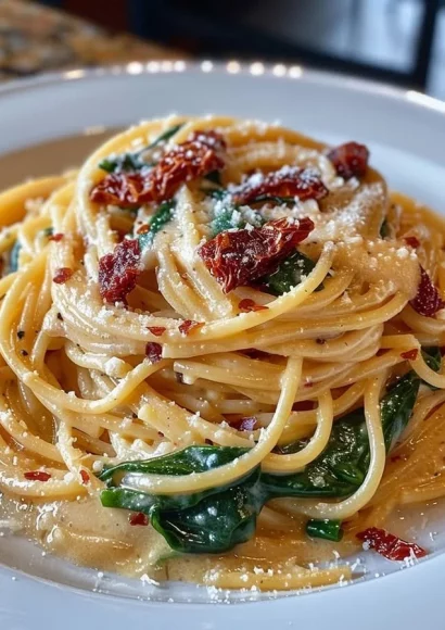 Delicious spaghetti spinach with sun-dried tomato cream sauce, garnished with herbs.