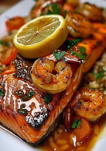 Delicious spicy Cajun salmon topped with shrimp, served with vibrant vegetables.