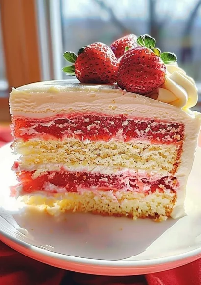 Strawberries and Cream Cheesecake Cake topped with fresh strawberries and cream.