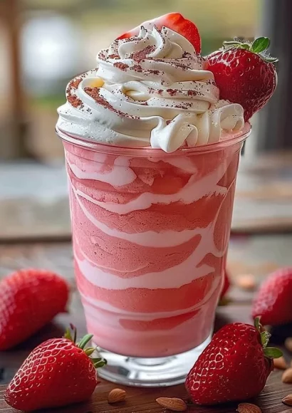 Delicious Strawberries & Cream Frappuccino topped with whipped cream