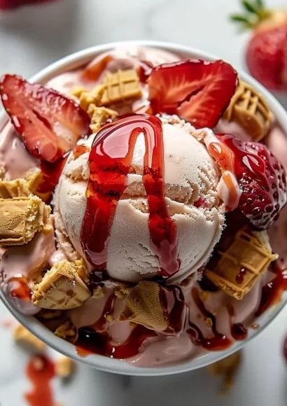 Delicious strawberry cheesecake ice cream in a bowl topped with fresh strawberries