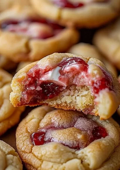 Delicious strawberry cheesecake stuffed cookies on a wooden platter