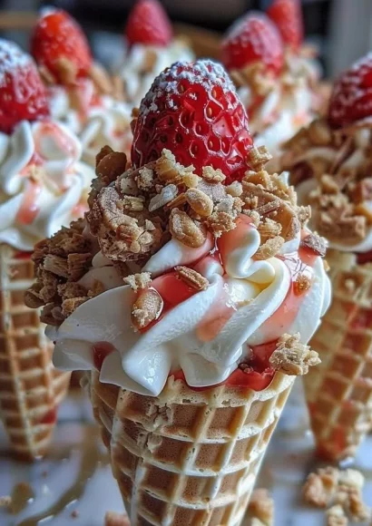 Strawberry Crunch Cheesecake Cones topped with fresh strawberries and whipped cream