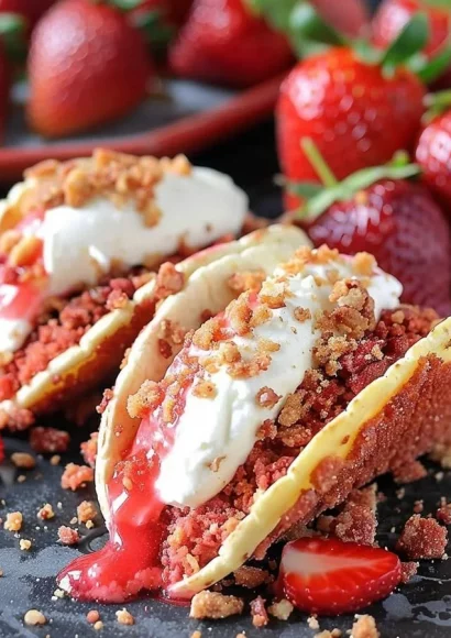 Strawberry Crunch Cheesecake Tacos served on a plate with fresh strawberries