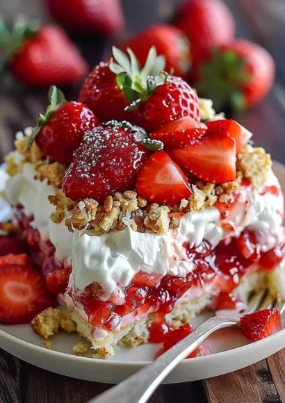 Delicious Strawberry Crunch Poke Cake topped with crunchy strawberry pieces.