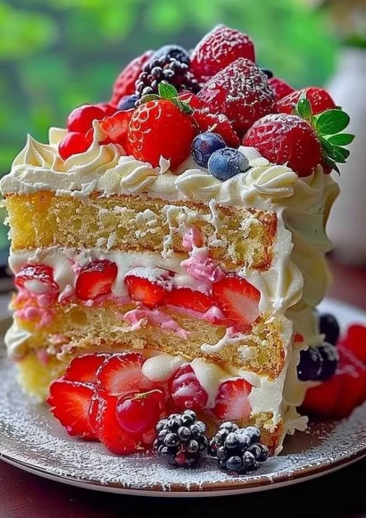 Delicious strawberry lemon layer cake with fresh strawberries and lemon zest