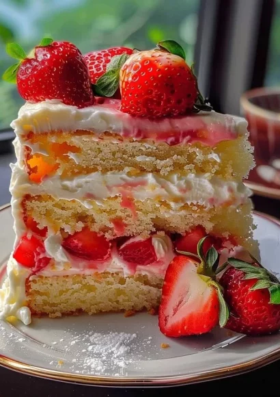 Delicious Strawberry Lemon Layer Cake with fresh strawberries and lemon zest