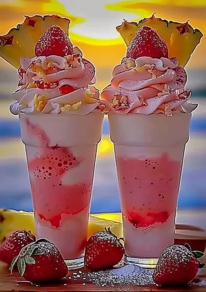 Delicious Strawberry Piña Colada with Malibu frosting served in a tropical glass