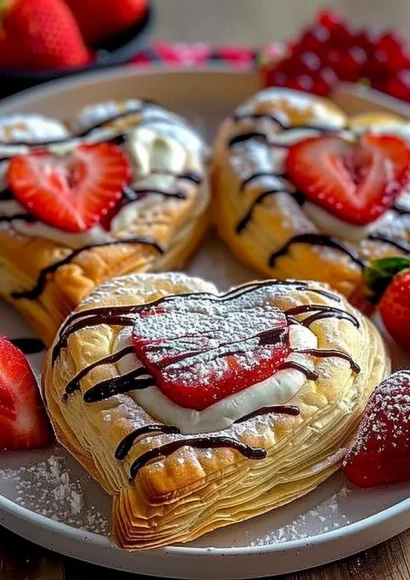 Strawberry puff pastry hearts with flaky pastry and fresh strawberries