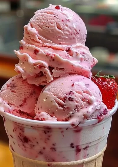 Creamy strawberry ice cream scoop with fresh strawberries on top