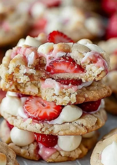 Strawberry shortcake cheesecake stuffed cookies with fresh strawberries and whipped cream.