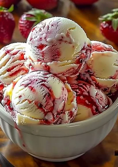 Delicious strawberry swirl ice cream in a bowl topped with fresh strawberries