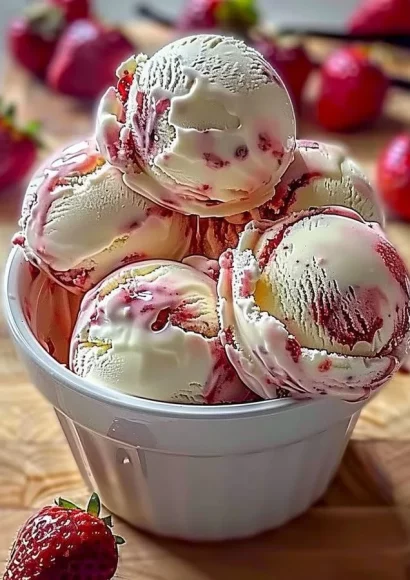 Bowl of creamy strawberry vanilla bean ice cream topped with fresh strawberries