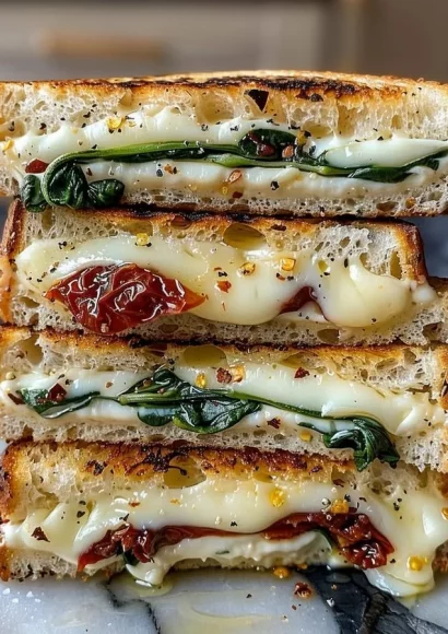 Sun-Dried Tomato, Spinach, and Ricotta Grilled Cheese sandwich on a plate