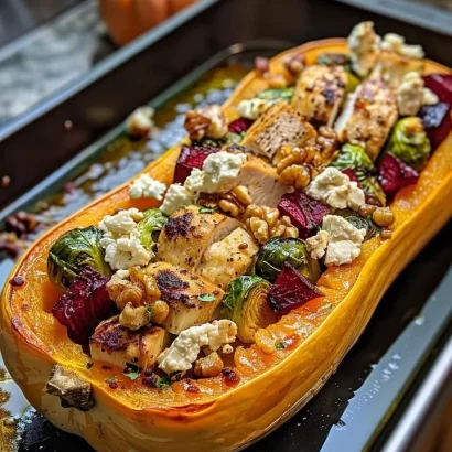 Thumbnail for Sweet and Savory Honey Roasted Butternut Squash Stuffed with Chicken, Brussels Sprouts, Beets, Walnuts, and Feta