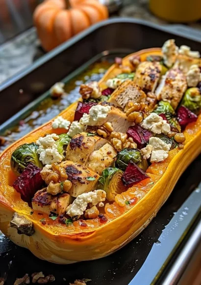 Honey roasted butternut squash stuffed with chicken, Brussels sprouts, and beets