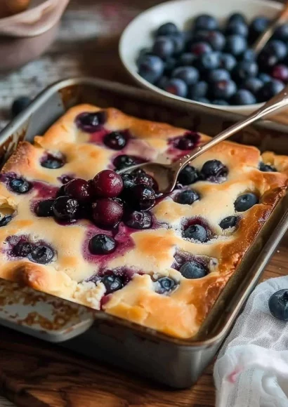 Delicious Cottage Cheese Blueberry Bake topped with fresh blueberries