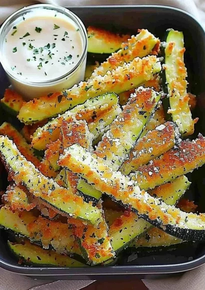 Plate of crispy Parmesan Zucchini Fries served with dipping sauce