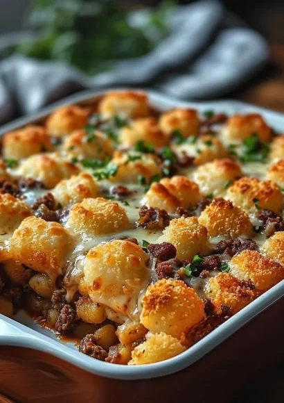 Delicious tater tot casserole topped with cheesy ground beef and crispy tater tots